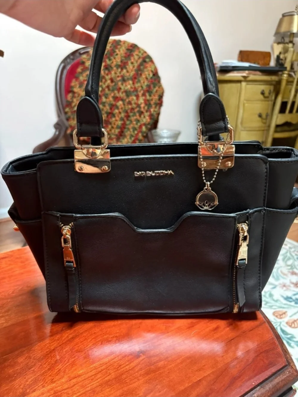 Big Buddha Black Handbag with Gold Hardware - Chic Structured Tote